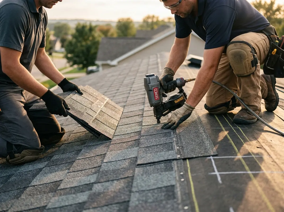 Professional roofer working on a residential roof in Simi Valley